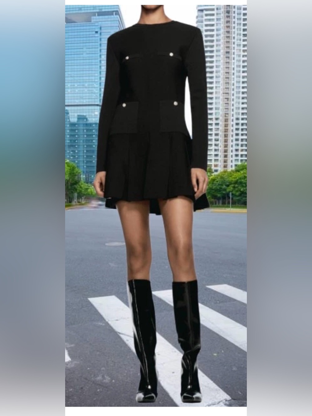 Zara Black Long-Sleeve Pleated Mini Skirt with Gold Buttons